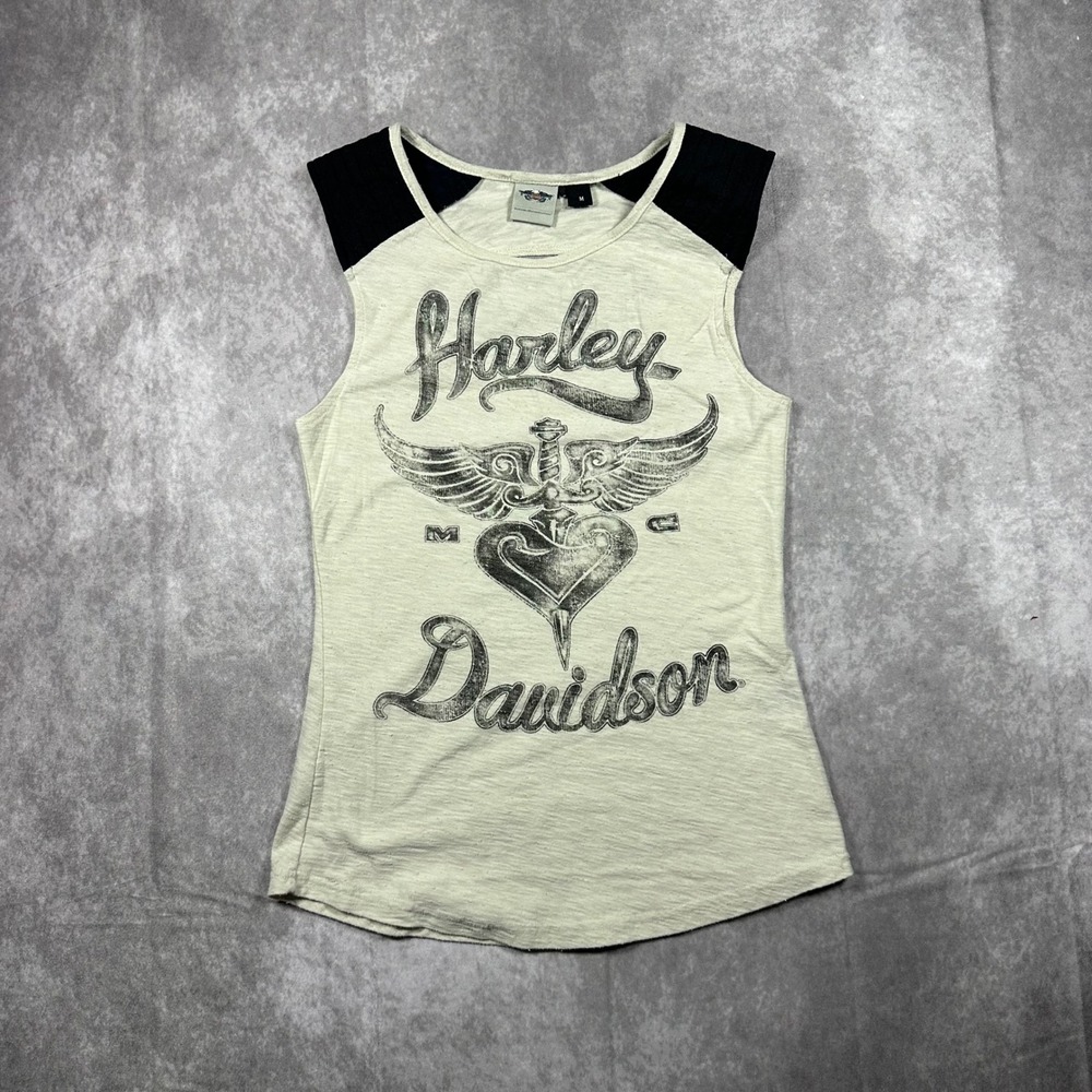 Harley Davidson Womens M Cream Black Cutout Heart Winged Graphic Top Biker Chic
